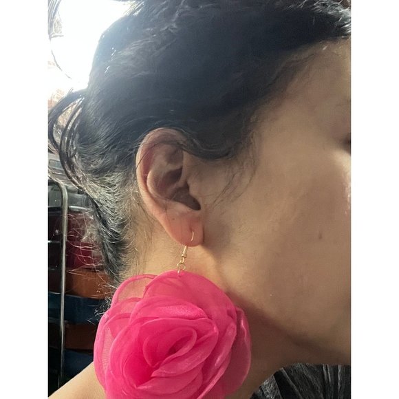 Large fuchsia flower earrings , pink flower  hook fabric petal chunky statement - Picture 1 of 4